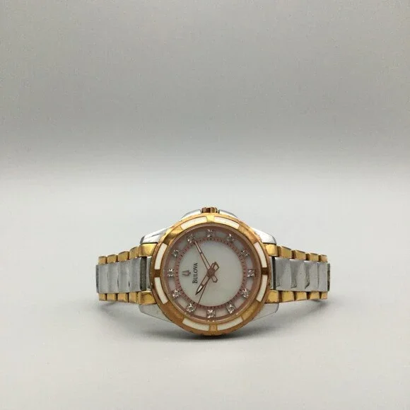 Bulova Womens Watch 33mm Two Tone 98P134 MOP Dial Diamonds New Battery 6.5" - Picture 5 of 14